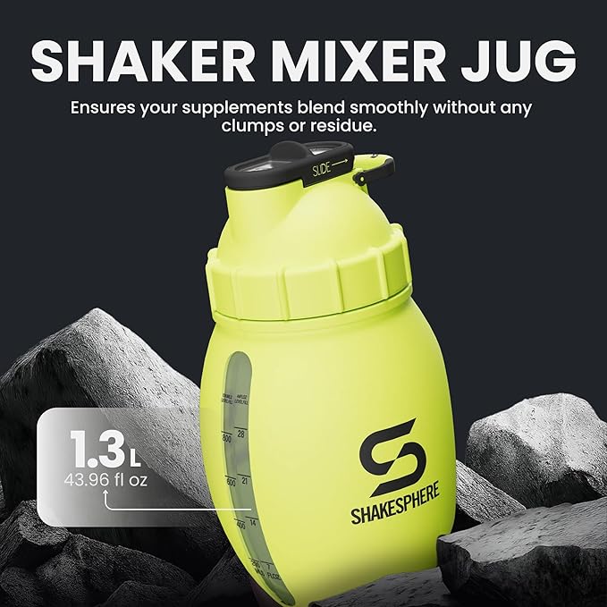 SHAKESPHERE Protein Shaker Bottle Jug 1.3L – Double Walled, Leak Proof Gym & Mixer Bottle, BPA-Free, Durable Design with Easy-Grip Handle, Silicone Base, and Clear Viewing Window – Fluorescent Yellow