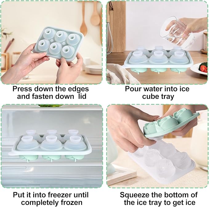 3D Rose Ice Cube Tray Set of 2, 6-Cavity Silicone Ice Cube Molds with Lid, Easy Release Ice Cube Trays for Freezer, BPA Free Ice Mold for Gift, Drinks, Coffee and Cocktails, Whiskey (Green)