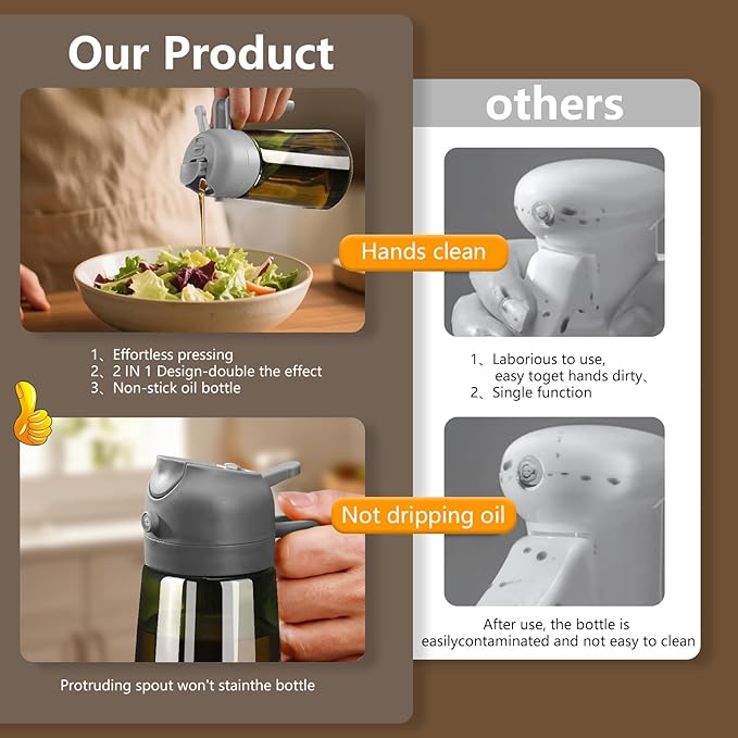 SWEET VIEW 2PCS Olive Oil Dispenser and Oil Sprayer – 16oz/470ml Glass Light-Proof Oil Pourer for Kitchen Air Fryer, Cooking, Salad, and BBQ, with Stickers