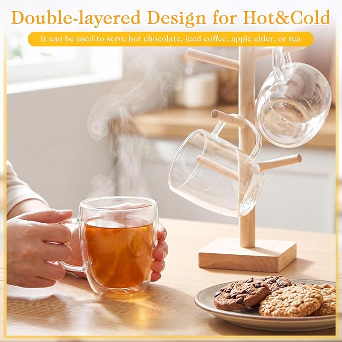 Patelai 6 Pcs 16oz Clear Glass Coffee Mugs Double Walled Coffee Cups Glasses Insulated Latte Mugs with Handle Espresso Clear Cups for Cappuccino Tea, Heat Resistant Glasses
