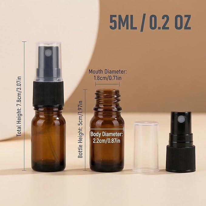 5 pcs 5ml Small Glass Spray Bottle Empty Mini Fine Mist Travel Bottle Set Cosmetic Bottle Liquid Containers Sample Bottles for Perfume Essential Oil Alcohol(Amber)