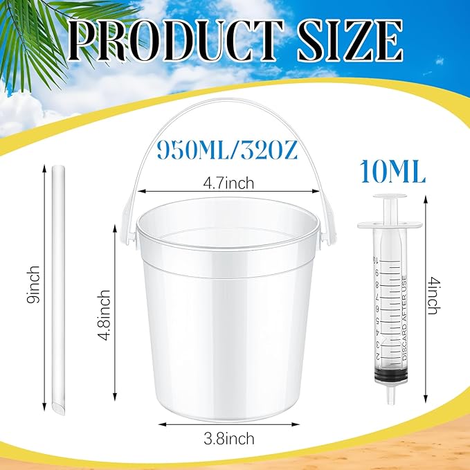Willinglong 40 Set 32oz Clear Plastic Drink Buckets Rum Buckets for Drink with Straws, Lids and Beverage Syringes Reusable Iced Coffee Cups for Rum Wine Beer Cocktail Beverage Lemonades