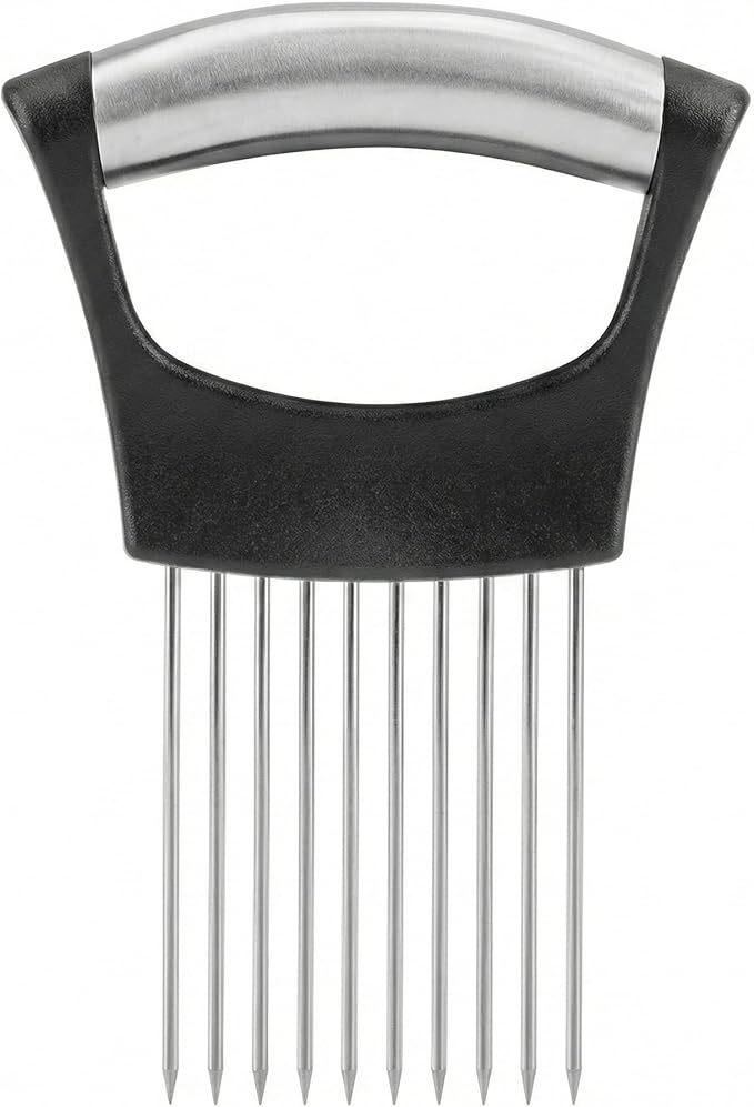 Onion Holder & Food Slicer Guide – Heavy Duty Stainless Steel Meat Tenderizer & Vegetable Cutter – Odor-Free Finger Guard for Onions, Tomatoes & Lemons (Dishwasher Safe)