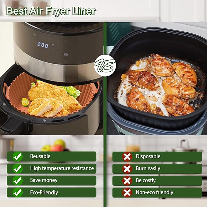 Komzon 3 Pack Air Fryer Silicone Liners, 8Inch Airfryer Liners, Air Fryer Basket Liners, Reusable Food Grade Air Fryer Basket Pots Oven Liner Baking Tray, Air Fryer Silicone Mat Accessories Kitchen