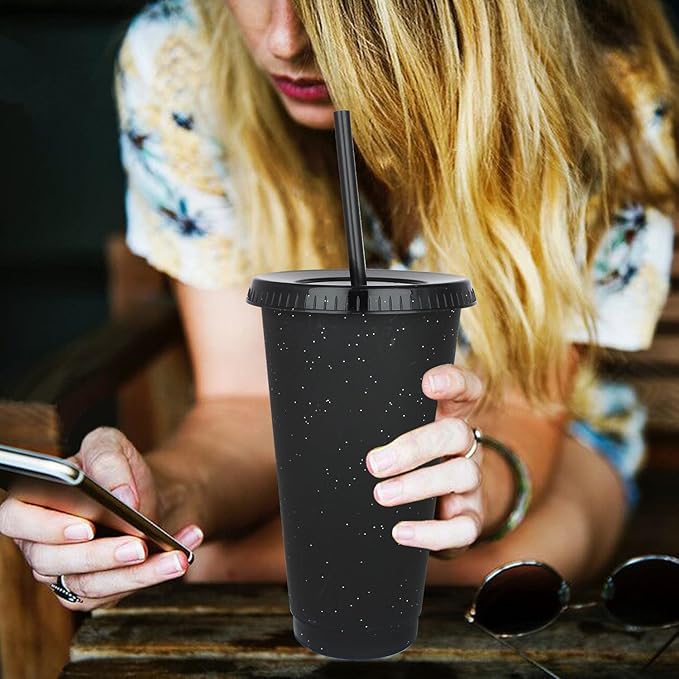 Suertestarry Tumbler with Straw and Lid,Water Bottle Iced Coffee Travel Mug Cup,Reusable Plastic Cups,Perfect for Parties,Birthdays… (Black, 5pack)