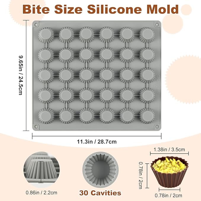 Peanut Butter Cup Molds, Bite-Size Chocolate Molds, 30-Cavity Mini Silicone Candy Mold for Fat Bomb, Jelly, Ice and Cordial Truffles Cupcake
