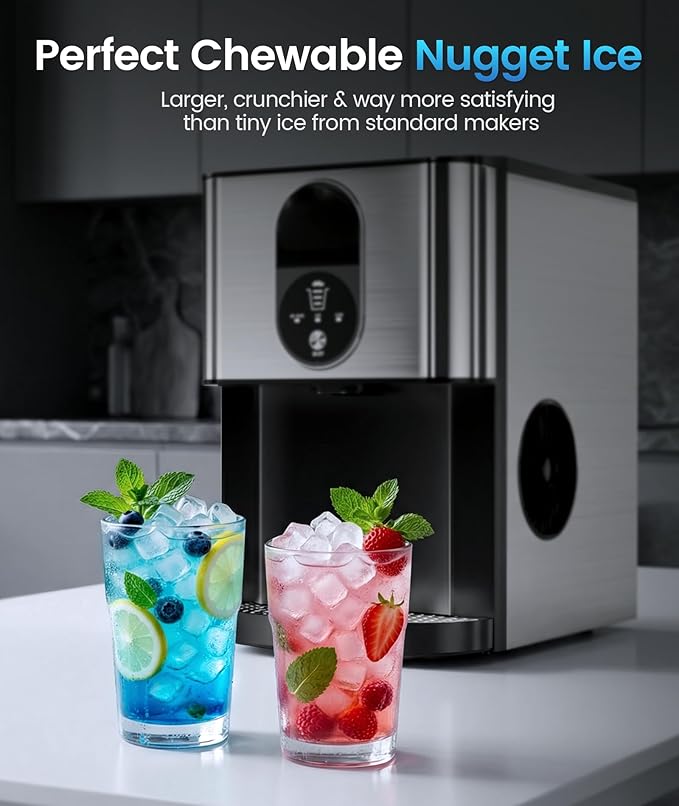 Antarctic Star Nugget Ice Maker Countertop with Soft Chewable Ice, 44Lbs/24H Portable Pellet Ice Machine with Self-Cleaning, One-Click Operation, for Home/Kitchen/Office, Stainless Steel, Silver