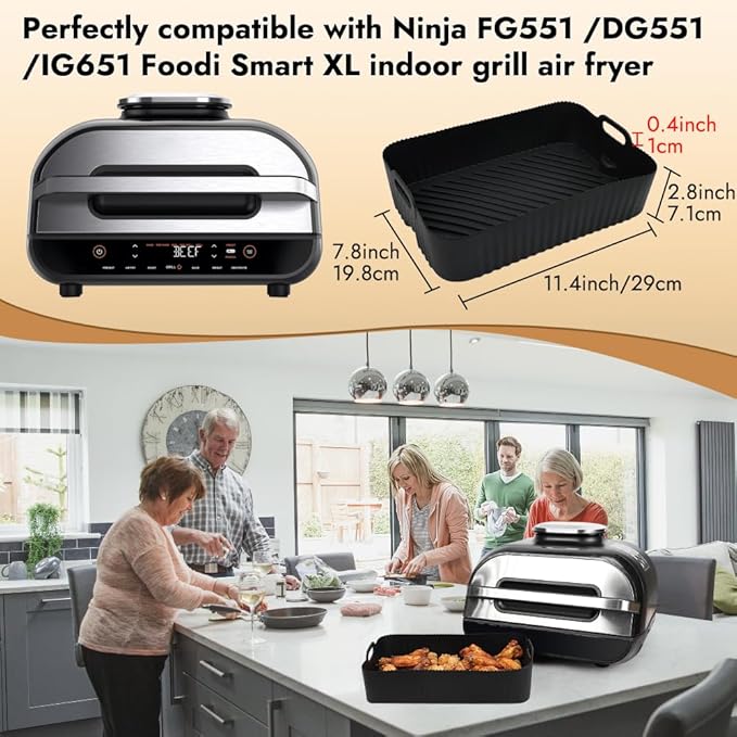 BYKITCHEN Reusable Air Fryer Silicone Liners for Ninja FG551/DG551/IG651 Foodi Smart XL Indoor Grill, Rectangle Silicone Air Fryer Liners, Ninja Foodi Grill Accessories