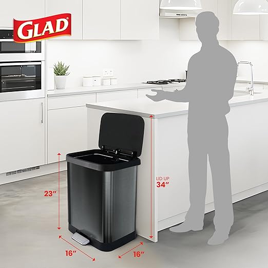 Glad 13-Gallon Stainless Steel Step Trash Can with Clorox Odor Protection, Soft Close Lid, Foot Pedal & Waste Bag Holder – Large Indoor Metal Garbage Bin for Kitchen, Home & Office Use