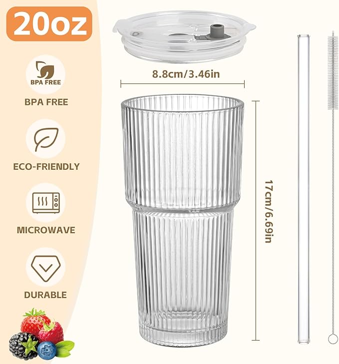20oz Ribbed Glass Cups with Lids and Straws,2PCS Glass Tumbler with Straw and Lid,Iced Coffee Cups Drinking Glasses for Juice Whiskey Cocktail Beer