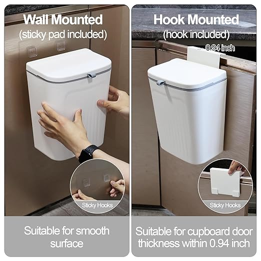 Zopnny Hanging Trash Can, 3.2 Gallon/12L Small Waste Bin with Lid for Kitchen Cabinet Door, Under Sink & Wall Mount Compost Bin, Food Waste Bin with Lid, 1 Pack White