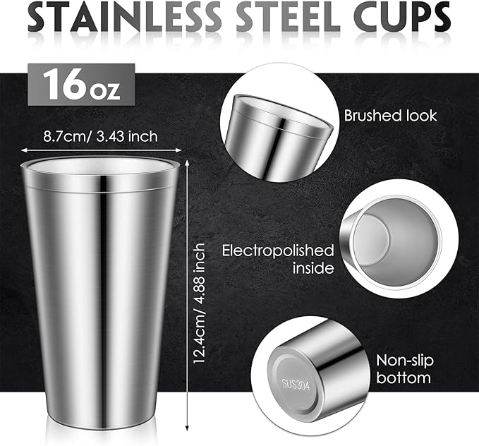 Zopeal Stainless Steel Cups 16 Oz, Double Wall Vacuum Pint Cup Tumbler, Stackable Metal Unbreakable Drinking Glasses for Home and Outdoor (Silver,4 Pcs)