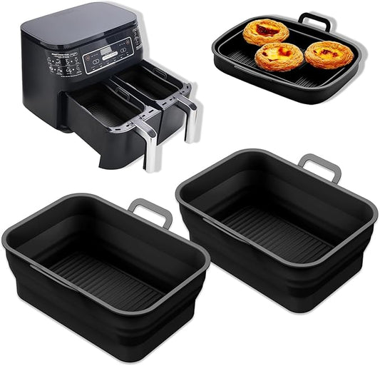 Collapsible 2-Pack Air Fryer Silicone Liners for 8QT & 10QT NINJA Foodi Dual, Reusable Rectangular Silicone Basket Pot for Air Fryer Accessories (Black)