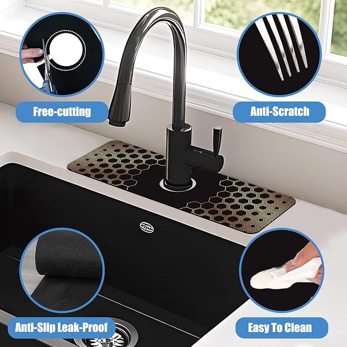 Sink Splash Guard Faucet Mat Black Gold Honeycomb Absorbent Fast Drying Mat Sink Gadgets Splash Guard Behind Faucet Drip Catcher for Kitchen Bathroom 15.5"X5.5"