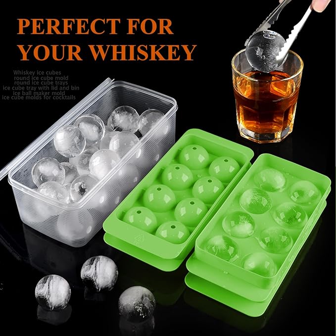 AIBIRUIWhiskey Ice Cubes Mold,2 x 8 PCS x 1.8 inch Whiskey Ice Cubes,Circle Ice Cube Tray with Lid and Bin,Sphere Ice Ball Maker Mold,Round Ice Cube Mold for Cocktails