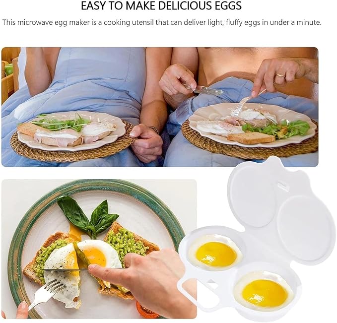 2Pc White Egg Poacher, Microwave Boiler, 2 Cavity Nonstick Maker With Lid, Eggs Cooker, Double Drain Cups