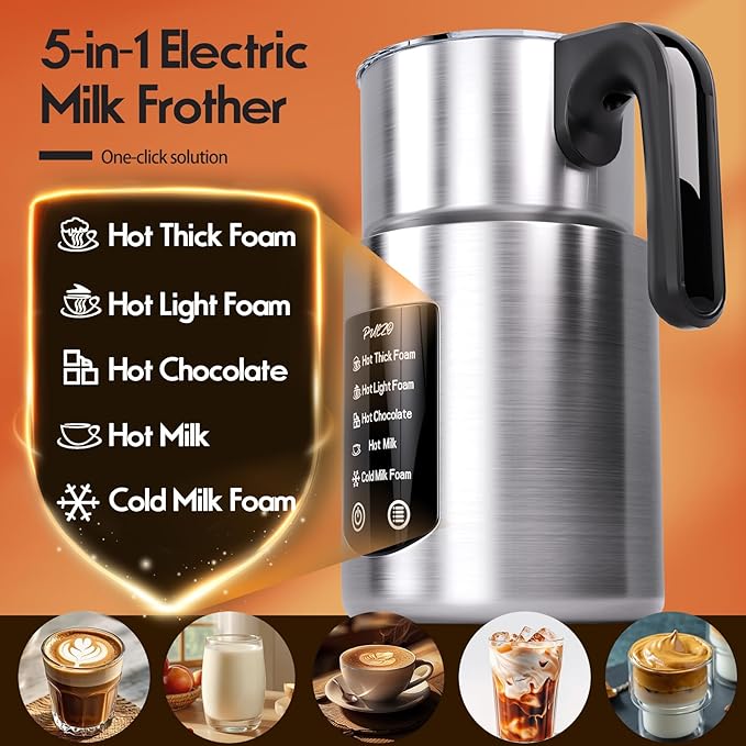 PULZO 5 IN 1 Milk Frother and Steamer, Electric Frother with Detachable Stainless Steel Jug, 17 OZ Hot & Cold Foam Maker for Coffee, Latte, Cappuccino, Hot Chocolate, Silent Operation, BPA