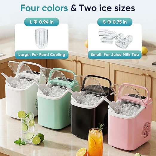 DUMOS Ice Maker, Nugget Ice Machine Countertop with Basket, Scoop and Portable Handle, 26lbs Daily, 9 Bullet Cubes in 6~8 Mins, Self-Cleaning for Kitchen, Office, Outdoos, RV Camping