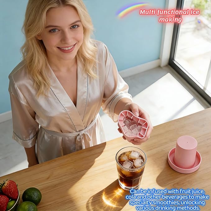 3D Upgraded Silicone Ice Cube Tray with Easy Release-30 Cubes, Leak-Proof&Space-Saving for Freezer,RV,Office-BPA-Free Fast Ice Maker for Drinks,Cocktails, Party (Includes Travel Ice Bucket) (Pink)
