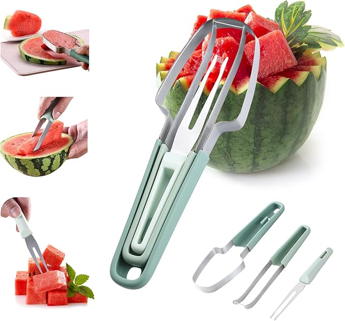 Watermelon Cutter Slicer Tool, 6-in-1 Melon Fork Slicer Cutter, Melon Baller Scoop Set, Stainless Steel Fruit Cutter, Seed Remover Cutter, Fruit Fork for Camping Kitchen Gadgets (3-in-1-green)