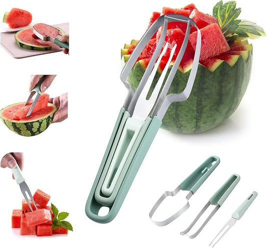 Watermelon Cutter Slicer Tool, 6-in-1 Melon Fork Slicer Cutter, Melon Baller Scoop Set, Stainless Steel Fruit Cutter, Seed Remover Cutter, Fruit Fork for Camping Kitchen Gadgets (3-in-1-green)