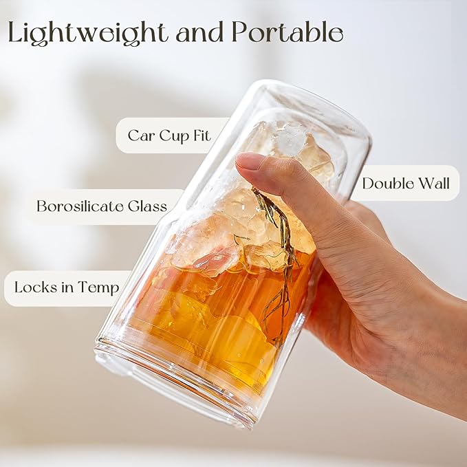 KEMORELA Set of 4 Double-Walled Glass Cups, 16 oz / 480 ml Insulated Tumblers for Iced Coffee, Latte, Matcha, Smoothies, Bubble Tea & Cold Drinks – Clear Modern Glassware, Reusable for Home & Parties