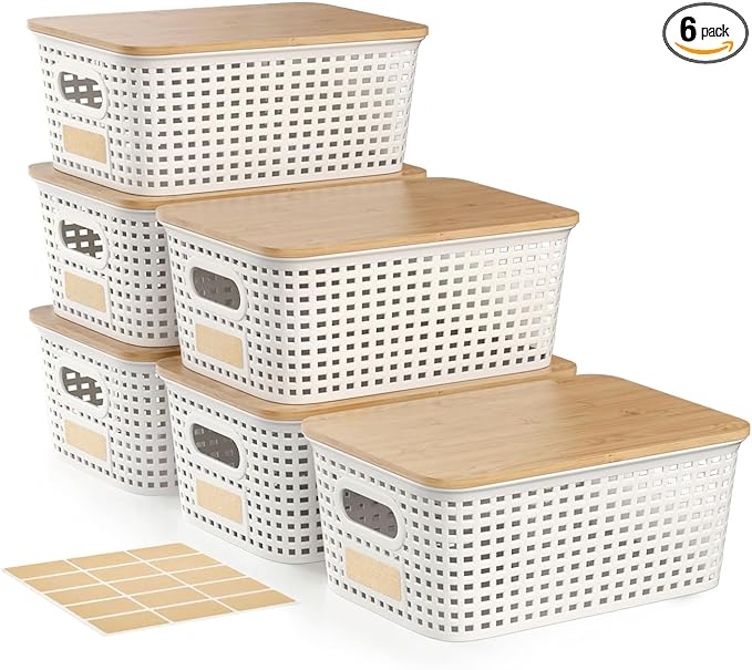 6Pcs Storage Bins with Lids, Stackable Plastic Storage Basket with Bamboo Lid, Pantry Organizer Box Small Containers for Organizing Shelves Drawer Desktop Closet Cabinet Office Classroom 10x7.1x4.1in