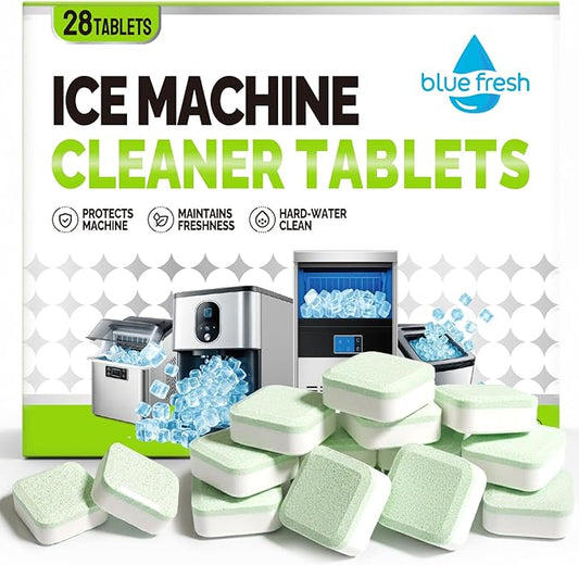 blue fresh Ice Machine Cleaner Tablets for Hard Water - 28 Pack Nickel Safe Scale Removal for Countertop Portable Commercial Nugget Ice Makers, Compatible with Opal, GE Profile, Frigidaire