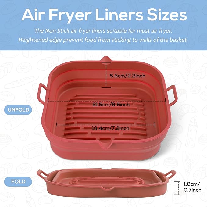 [2 Pack] Silicone Air Fryer Liners Square - Reusable Airfryer Basket - Easy to Clean Air Fryers Pot for 5.8 to 8 Qt Large Air Fryer Baking Tray Oven Accessories, 8.5 Inch