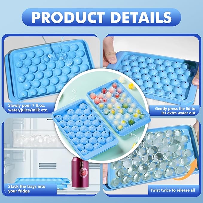 2 Pack Ice Cube Tray with Lid and Bin,Round Ice Cube Trays for Freezer, BPA-Free Circle Mini Ice Maker for Whiskey Cocktail Soda,Home & Bar Use