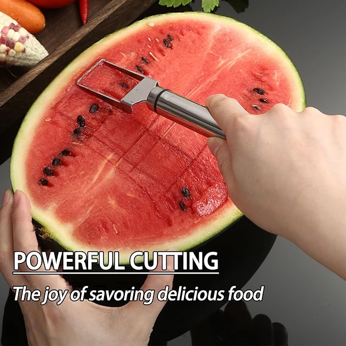 2pcs Stainless Steel Fruit Cutter, Watermelon Fork Slicer Cutter, 2 in 1 Cutting Tool for Kitchen Camping Party, Sanding Texture. Comfortable Grip, Smooth and Polished (2 Basic)