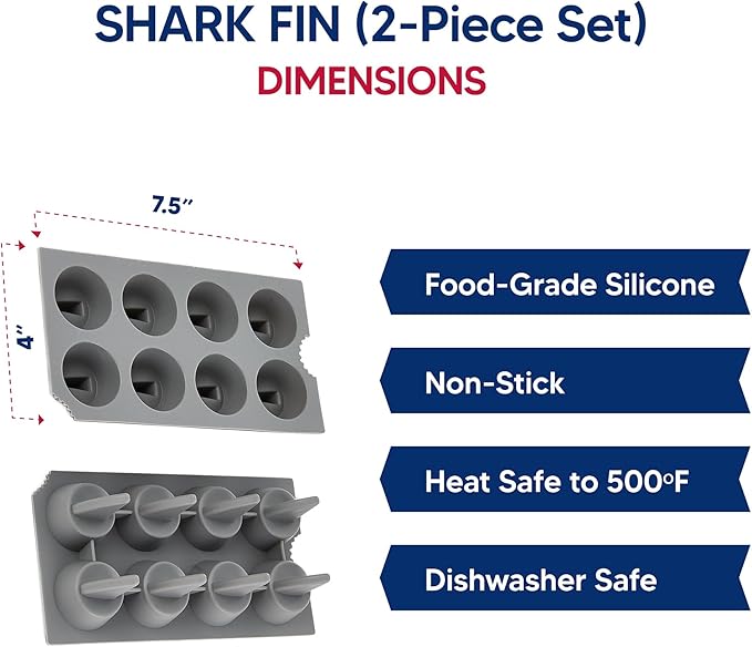 HIC Kitchen Silicone Shark Fin Ice Tray, Non-Stick, Set of 2, Each Tray Makes 8 Shark Fins