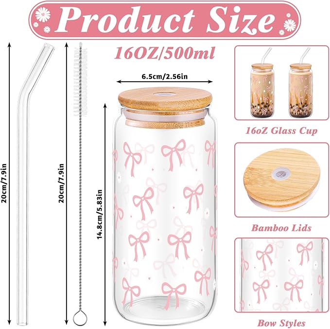 2 Pcs Cute Glass Cups with Lids and Straws, 16Oz Coquette Pink Bow Iced Coffee Cups Preppy Cute Stuff Design Tumbler Mug for Teen Girls Women Kids Mom Bridesmaid Birthday Graduation Wedding Gifts