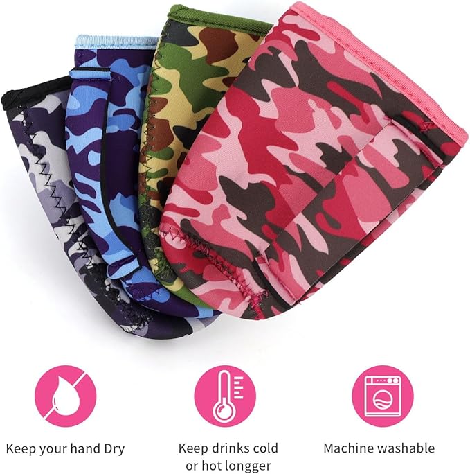 4Pack Reusable Iced Coffee Sleeve Insulator Sleeves for Cold Drinks Beverages, Neoprene Cup Holder for Most Coffee, Fits 22-24oz Medium Cups (Camo with Handle)