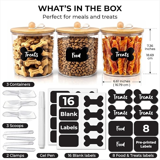 3 Acrylic Airtight Dog Treat Container , Dog Treat Jar Each Holds 4.4 QT / 17.5 Cups Kibbles Food Storage With Lid +24 Labels for Kitchen Counter Pet Cookie Jars With Lid Air Tight Cat Treats Canister