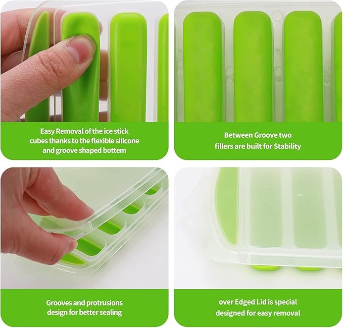 Long Ice Stick Tray Silicone with Lid,Water Bottle Ice Cube Tray with Easy Push and Pop Out Material, Ideal for Sports and Water Bottles (Green + Yellow)