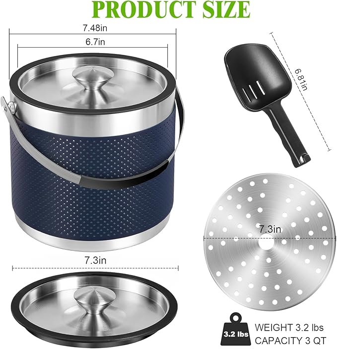 3Quart/3.2L Insulated Stainless Steel Ice Bucket with Lid, Scoop, Leather Design Double Wall Wine Bucket for Cocktail Bar, Parties (Dark Blue)