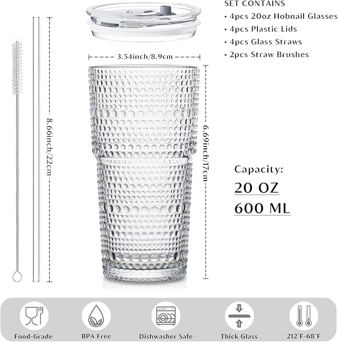INSETLAN 20oz Hobnail Glass Cups with Lids and Glass Straws – 4 Pieces, Thick-Walled Glass Tumblers for Iced Coffee, Smoothies, Milk, Water, Juice, and More – Elegant and Durable Drinking Glasses