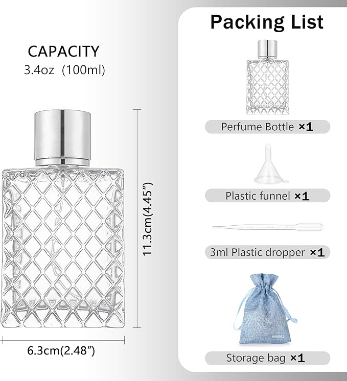 100ML 3.4oz Glass Spray Bottles for Essential Oils, Perfumes, Empty Clear Mist Spray Bottle with Silver Aluminum Sprayer - (1Pack) Funnel Filler 3ml Dropper Storage Gift Bag