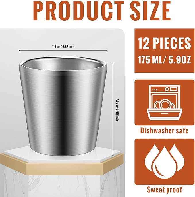 Amyhill 12 Pieces Stainless Steel Cups Double Wall Tumbler Glasses Stackable Metal Drinking Cups Insulated Drinking Glasses Reusable Camping Mugs for Home Camping RV BBQ Office Party(Silver,5.9 oz)