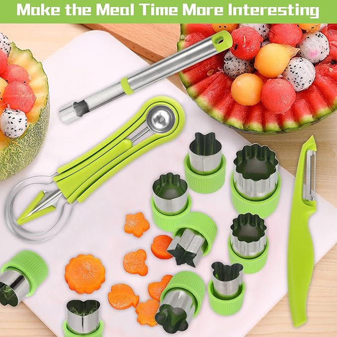 14 Pack Melon Baller Scoop Set - 4 in 1 Stainless Steel Fruit Tool Set Fruit Scooper Seed Remover with Fruit Vegetable Cutter Shapes Set Fruit Peeler for Fruit Slicer Dig Pulp Separator
