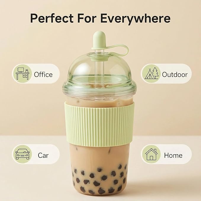 Reusable Ices Coffee Cups with Lids and Straws 17oz, Boba Cup with Straw, Tumbler with Silicone Sleeve for Cold Drinks, Iced Coffee, Bubble Tea Green,