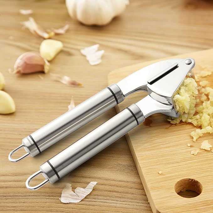 Garlic Press Stainless Steel - Premium Professional Grade Garlic Mincer, Crusher & Peeler Set - Easy Clean, Dishwasher Safe & Rust-proof(A)