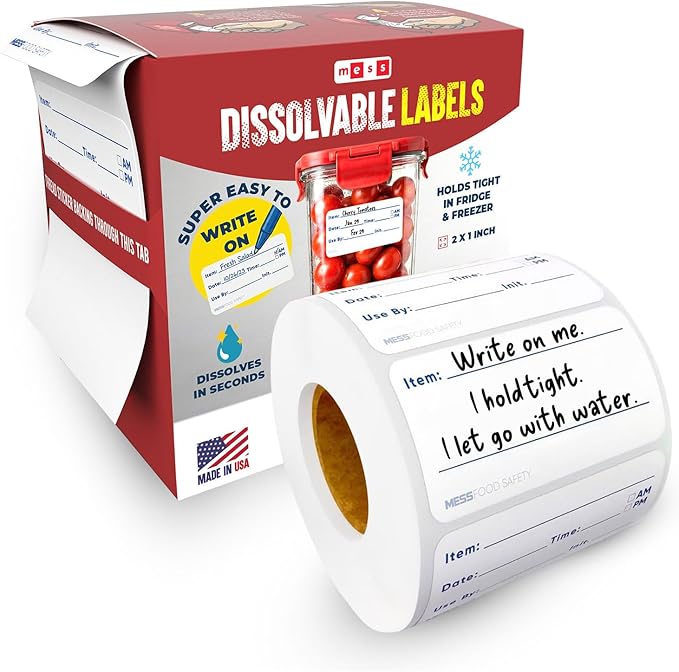 MESS Dissolvable Food Labels, 1x2, 200/Roll - Dissolves in 30 Seconds or Less - Removable Pantry, Meal Prep & Food Storage Labels – Canning & Freezer Use