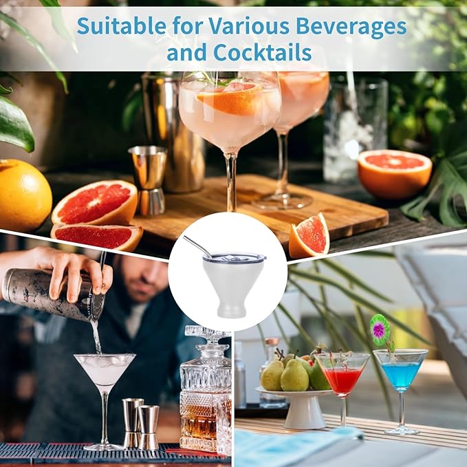 Stainless Steel Martini Glasses with Lids and Straws, Martini Glasses Set of 4, Perfect for Home Bar, Beach, and Picnics, Quality Double-Wal (White)