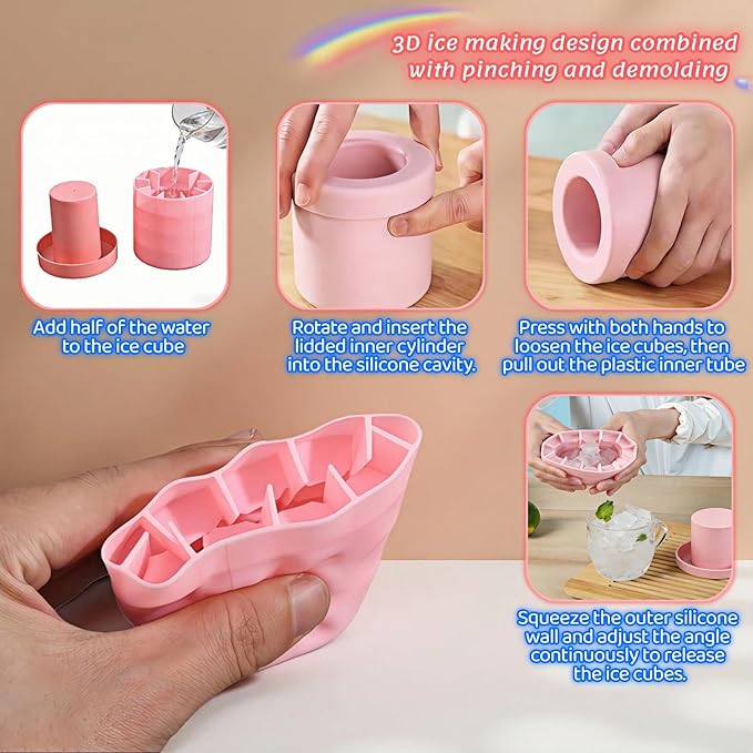 3D Upgraded Silicone Ice Cube Tray with Easy Release-30 Cubes, Leak-Proof&Space-Saving for Freezer,RV,Office-BPA-Free Fast Ice Maker for Drinks,Cocktails, Party (Includes Travel Ice Bucket) (Pink)