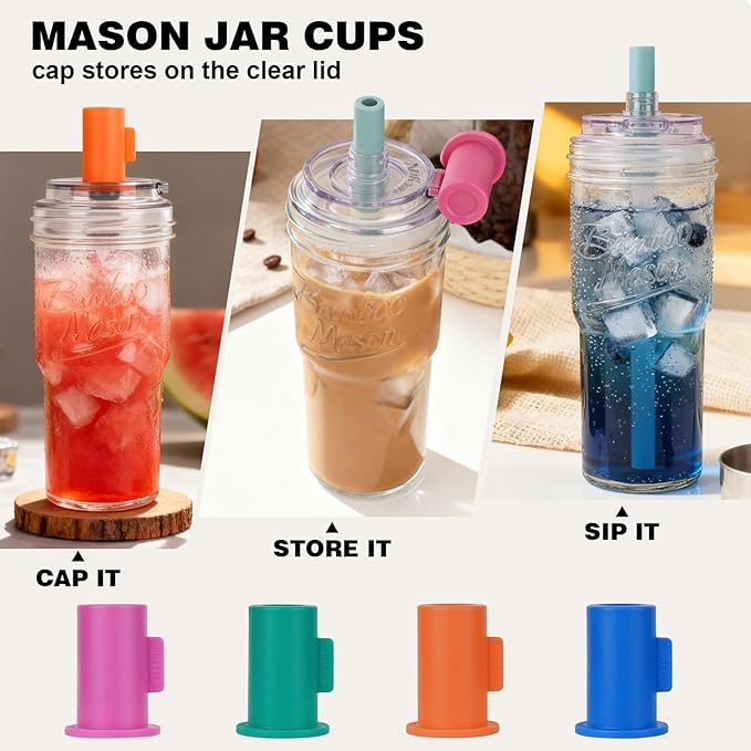 ANOTION 2pc Glass Tumbler with Lids and Straws, Leakproof 24oz Mason Jar Cups, Cap Cup Leak-Proof, Self-Assembly Silicone Straw, Reusable Iced Coffee Smoothie Matcha Cup Aesthetic Coffee Gifts Women