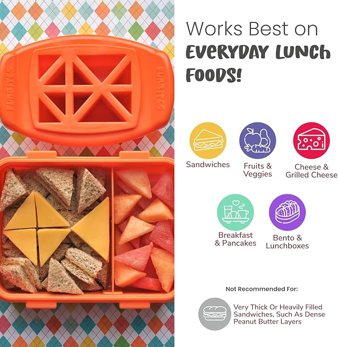 FUNBITES Crustless Sandwich Cutter for Kids Lunch (2-piece set), Uncrustable Sandwich Cutter, Bite-Size Food Cutter for Toddlers, Bento Box Accessories, BPA-FREE Dishwasher Safe, Orange Triangles 1pk