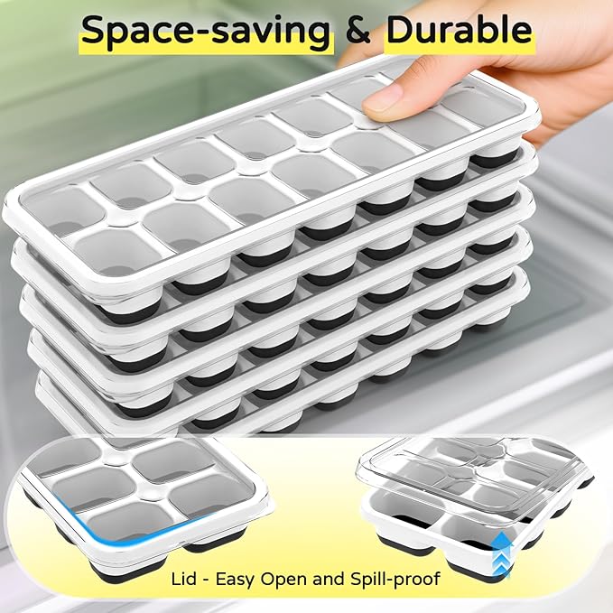 Ice Cube Tray 5 Pack, Stackable Silicone Ice Cube Trays with Lid– Easy Release Reusable Ice Tray, BPA-Free Rectangular Ice Cube Mold Set for Cocktails, Coffee, Whiskey & Drinks- Black