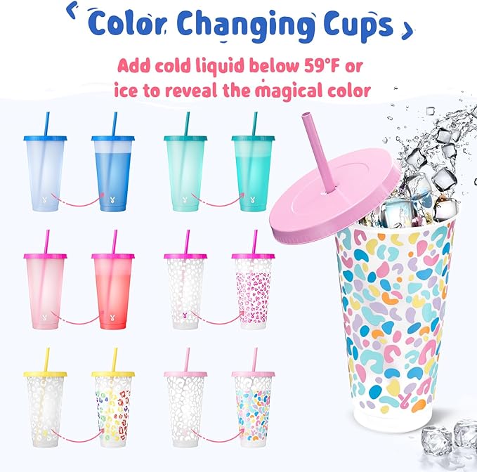 Meoky Plastic Cups with Lids and Straws - 6 Pack 24 oz Color Changing Cups, Iced Coffee Cups, Reusable Tumblers Bulk for Party, Car, Adults, Women, BPA-free (Solid & Patterned)